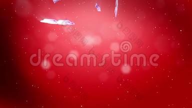 美丽的3d雪花在红色背景下在空中飞舞。 用作圣诞节、新年贺卡或冬季环境的动画